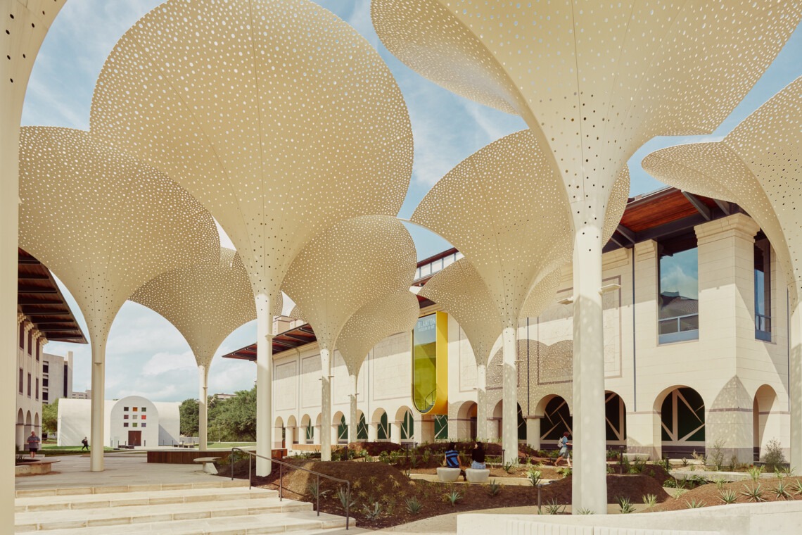 Facade of the Blanton Museum of Art in Austin, Texas which is a 25 minute drive from Cedar Park.