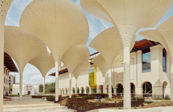 Facade of the Blanton Museum of Art in Austin, Texas which is a 25 minute drive from Cedar Park.