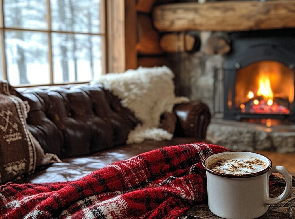 Cozy autumn indoor scene in Cedar Park featuring a warm mug of hot chocolate