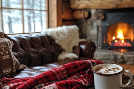 Cozy autumn indoor scene in Cedar Park featuring a warm mug of hot chocolate