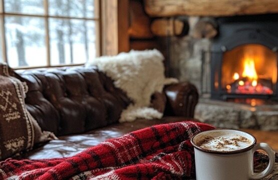 Cozy autumn indoor scene in Cedar Park featuring a warm mug of hot chocolate