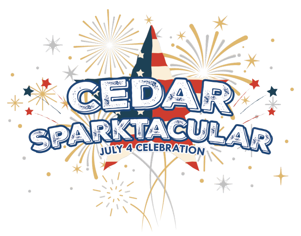 Official banner for the Cedar Park 4th of July Celebration 2025 at Milburn Park, promoting the city’s Sparktacular event