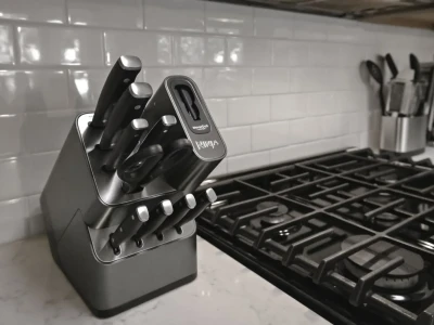 A stainless steel knife block with knives sits near the cooking range, alongside other stainless steel kitchen utensils.